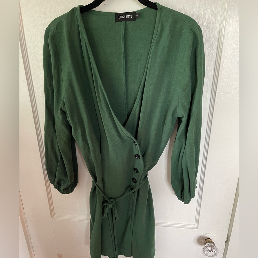 Etiquette green wrap, Small, shirt dress, with self tie; good condition